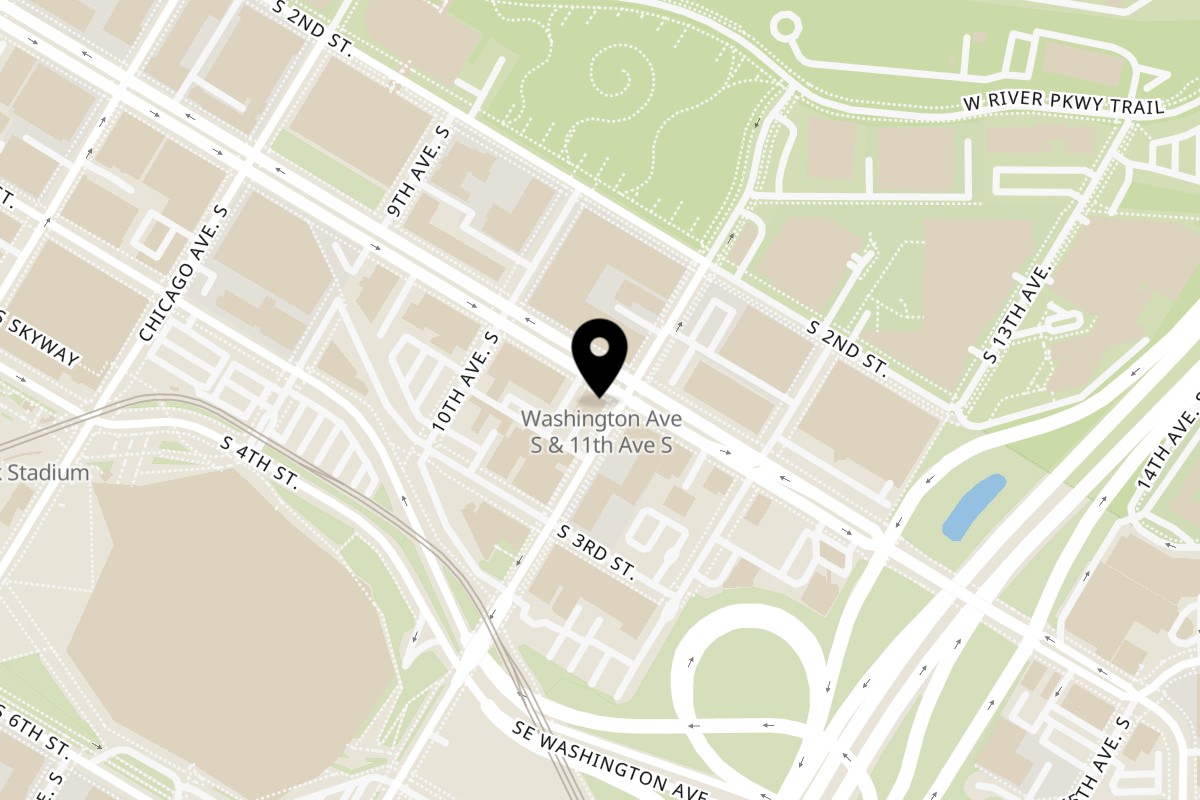 Map showing the location of Clay Oven Clay Oven - Minneapolis on 1027 Washington Ave S in Minneapolis